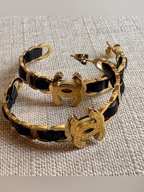 CHANEL Gold and Black Interlaced CC Hoop Earrings